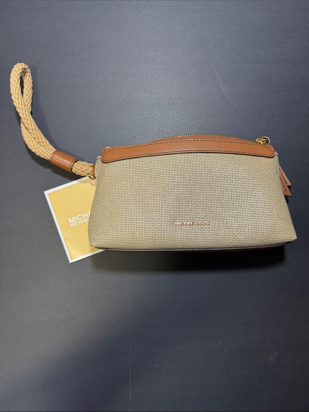 Michael Kors Beige Canvas Wristlet with Tan Leather Trim and Braided Strap